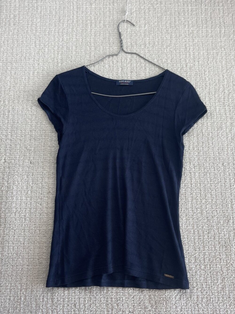 Saint James Navy Blue Striped Short Cap Sleeved Tee Sz S Coastal France Sailing